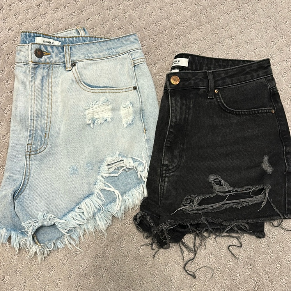 Forever 21 Light Wash Blue & Black Distressed Jean Shorts
